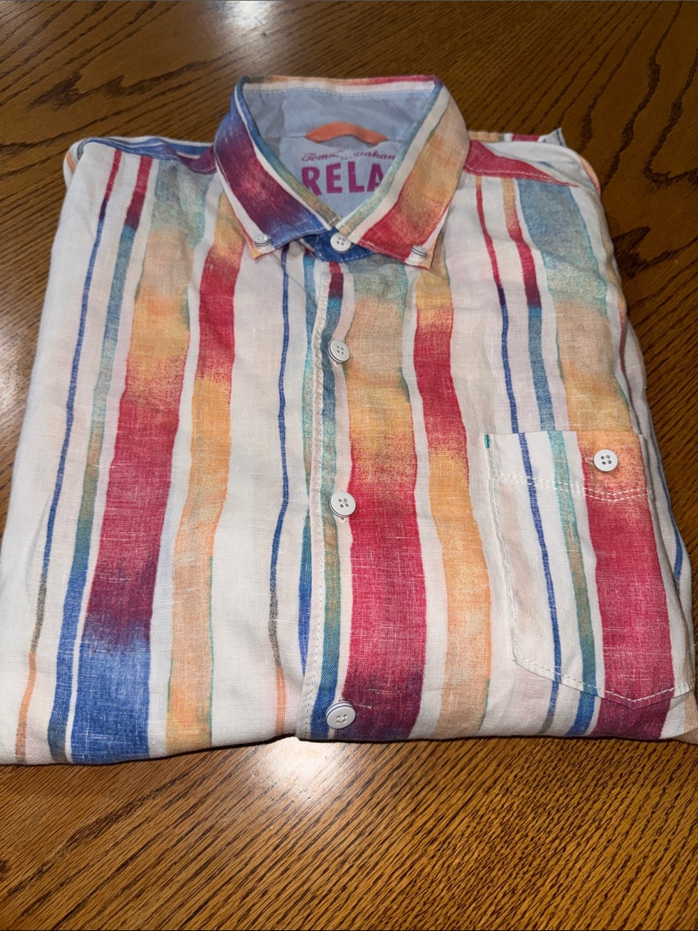 Tommy Bahama Relax Multicolor Striped Linen Shirt - Red/Blue/Orange